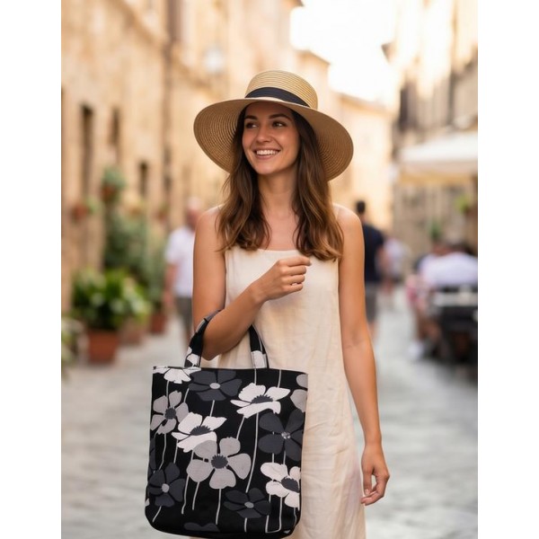 Black - White Floral Print Paper Straw Tote - BG-ST825BK